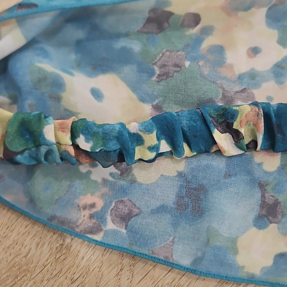 Floral Blue and Green Headband Chiffon Sheer Elastic Back